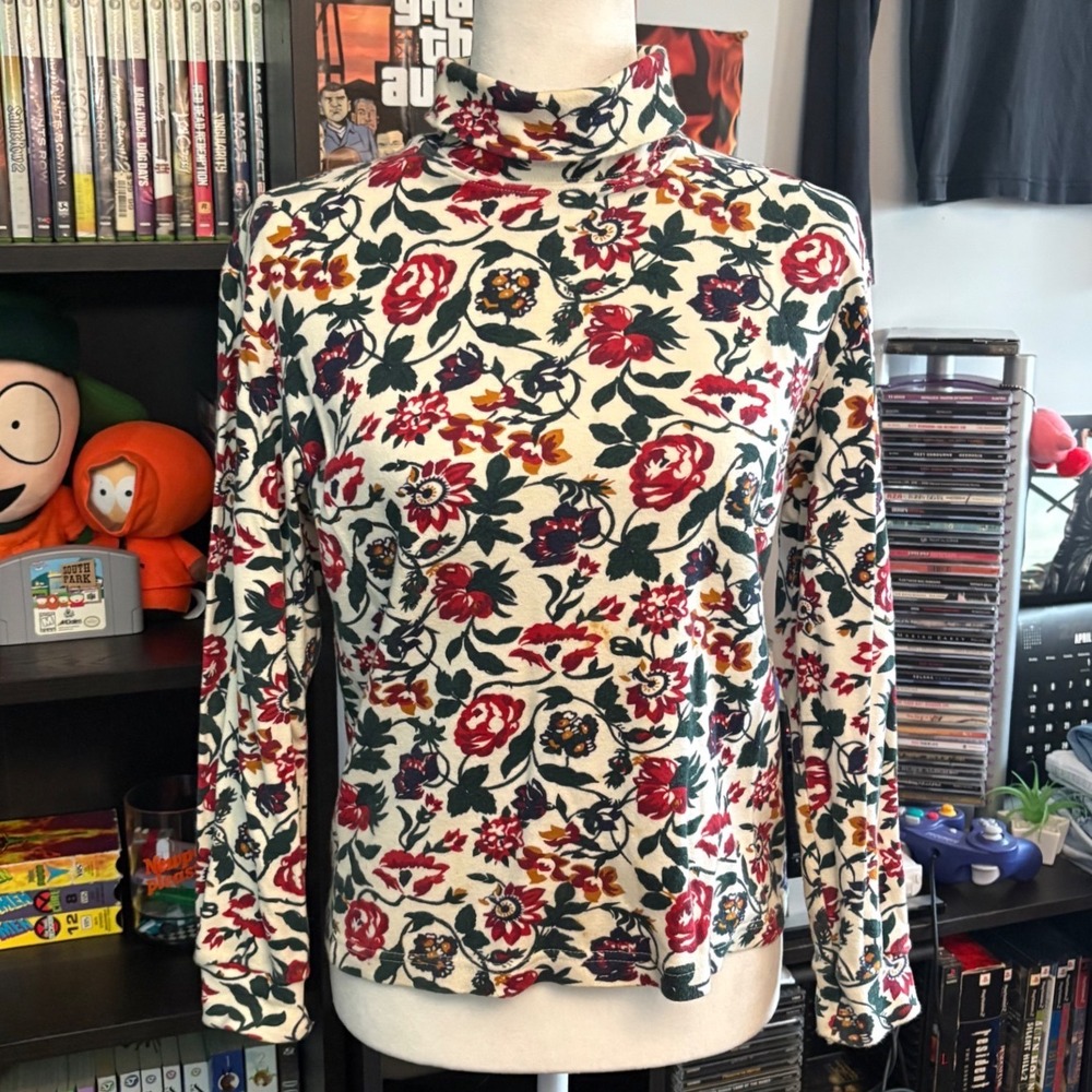 Vtg Partners Mervyns Womens Floral Turtleneck Long Sleeve Cotton Top Red Cream S